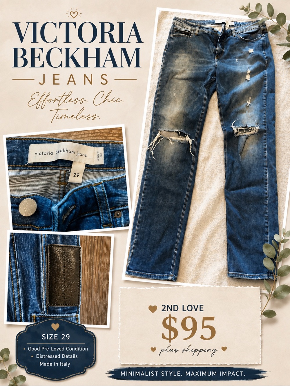 Victoria Beckham Mens Slim Straight Distressed Blue Jeans